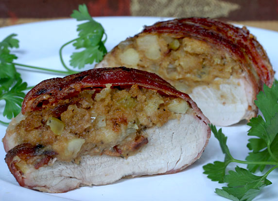 Bacon-Wrapped Pork Tenderloin with Cornbread Stuffing