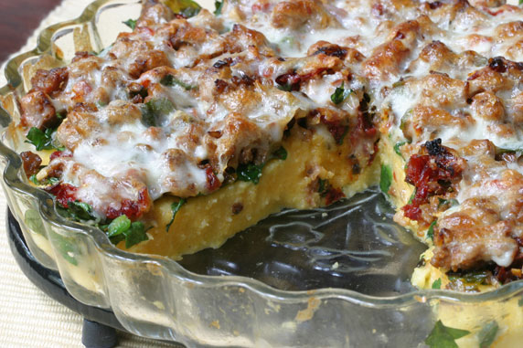 Polenta Pie with Sausage, Spinach and Sun-Dried Tomatoes